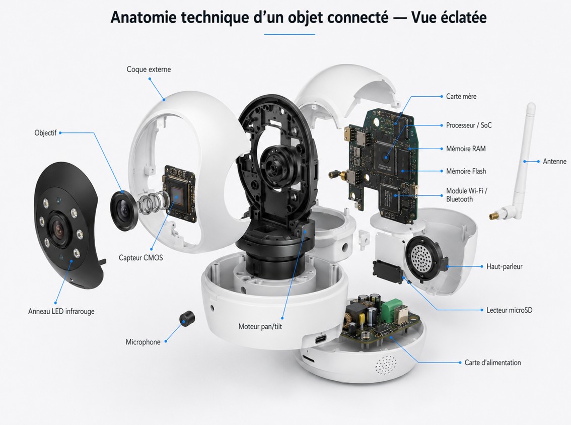 Vue éclatée d'une caméra IP présentant séparément sa coque externe, son objectif, son anneau LED infrarouge, son capteur CMOS, son moteur pan/tilt, sa carte mère, son processeur/SoC, sa mémoire RAM, sa mémoire Flash, son module Wi-Fi/Bluetooth, son antenne, son microphone, son haut-parleur, son lecteur microSD et sa carte d'alimentation.