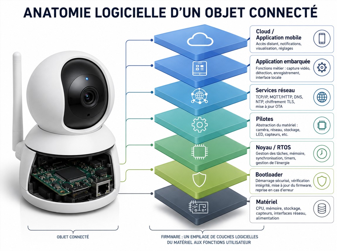 Anatomie logicielle d'un objet connecté : une caméra IP et l'empilement de ses couches logicielles — matériel, bootloader, noyau/RTOS, pilotes, services réseau, application embarquée, cloud / application mobile.