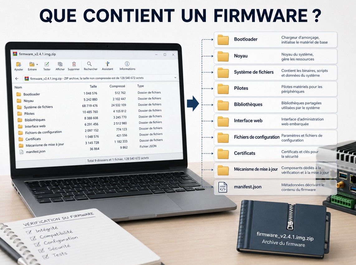 Que contient un firmware ? Une archive de firmware ouverte révélant ses blocs : bootloader, noyau, système de fichiers, pilotes, bibliothèques, interface web, fichiers de configuration, certificats, mécanisme de mise à jour, manifest.