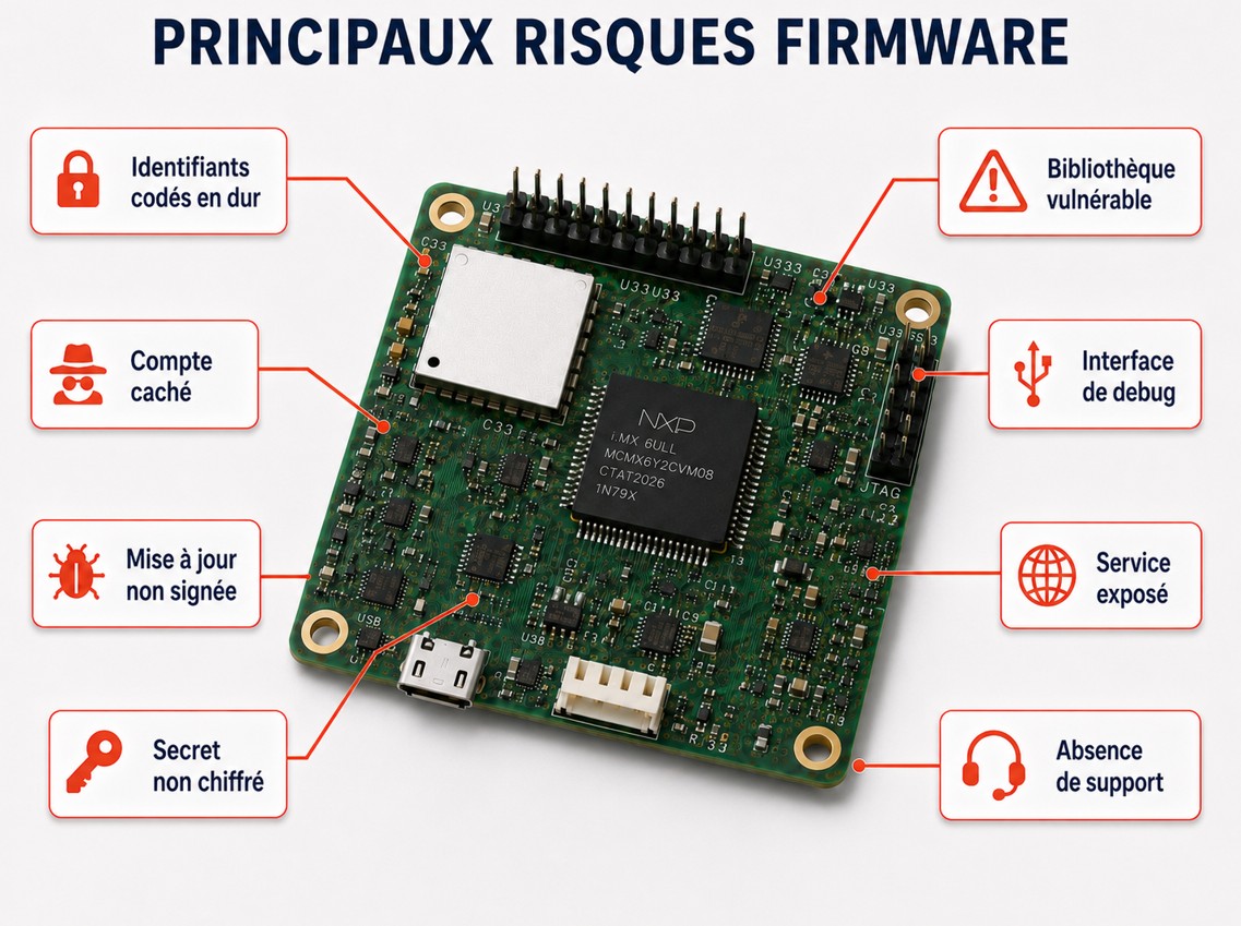 Principaux risques liés au firmware, autour d'un circuit électronique : identifiants codés en dur, bibliothèque vulnérable, compte caché, interface de debug, mise à jour non signée, service exposé, secret non chiffré, absence de support.