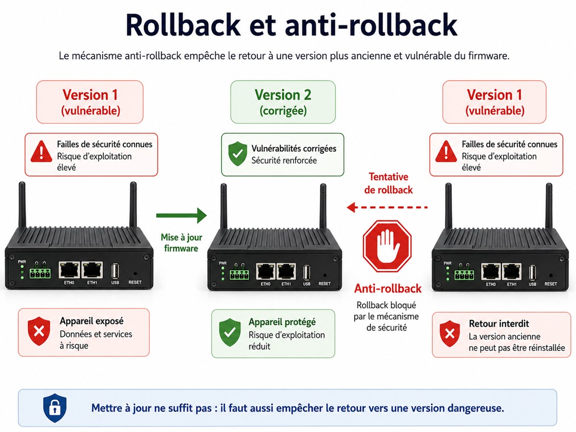 Rollback et anti-rollback : passage de la version 1 vulnérable à la version 2 corrigée, puis une tentative de retour vers la version 1 bloquée par l'anti-rollback.