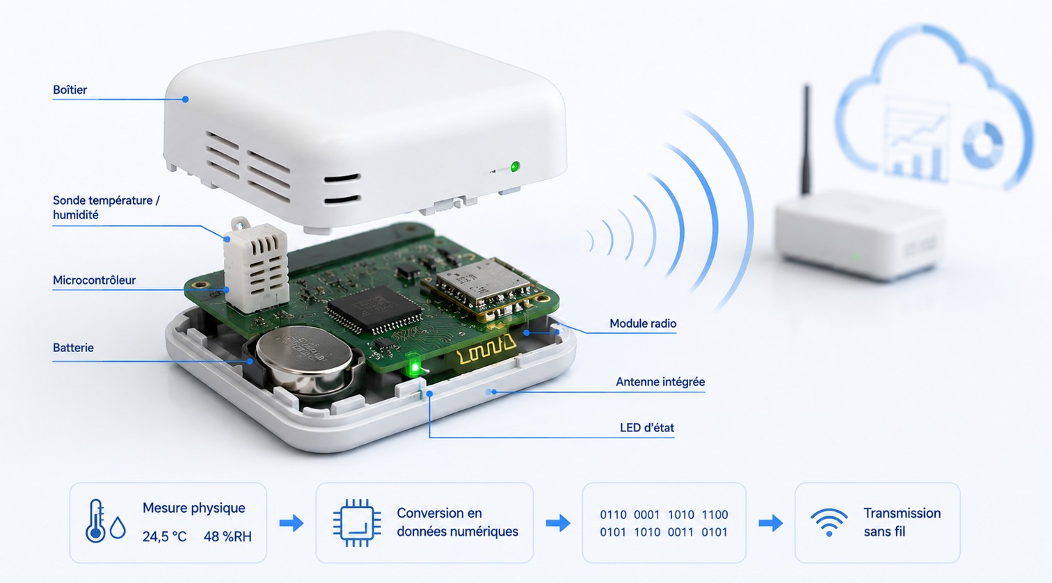 Capteur connecté annoté montrant sa sonde ou détecteur, son microcontrôleur, sa batterie, son module radio, son antenne, sa LED d'état et son boîtier.