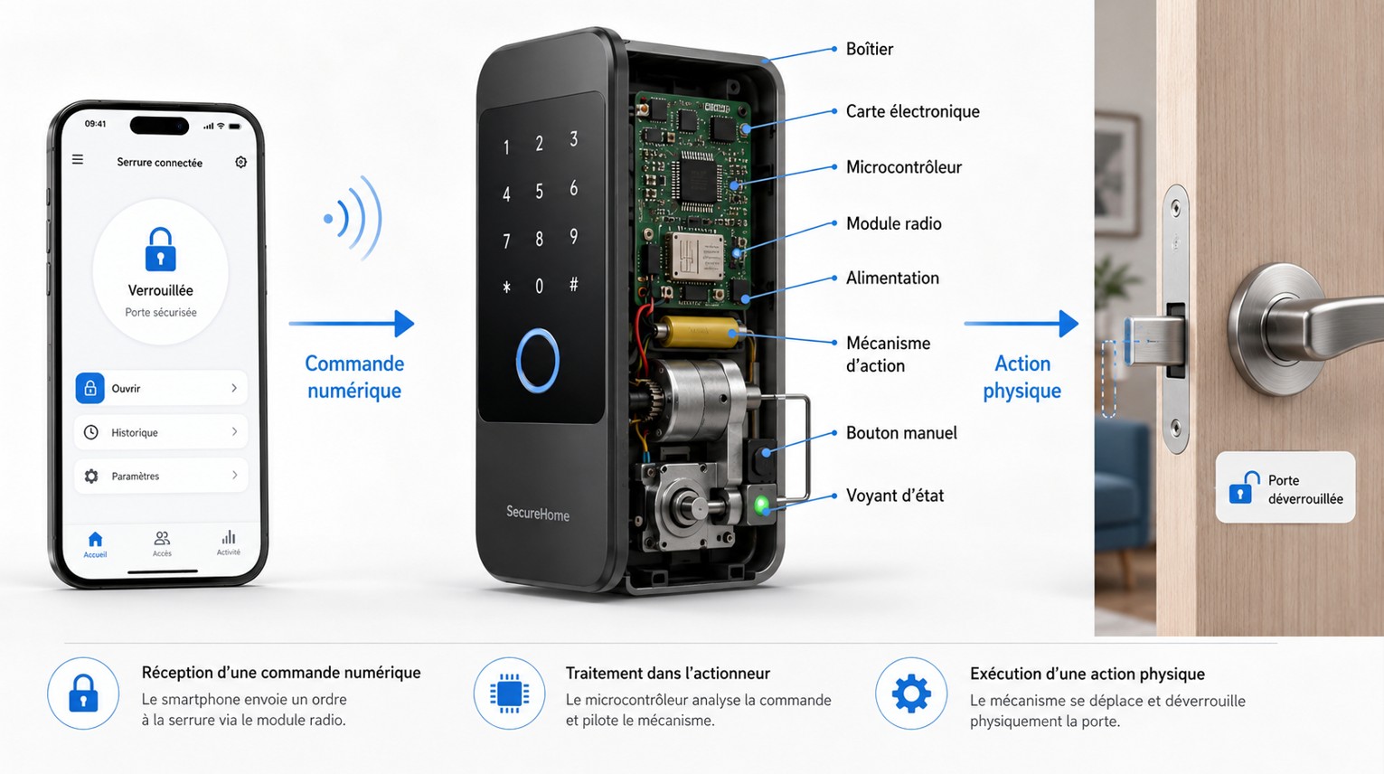 Serrure connectée ou prise intelligente annotée montrant son mécanisme d'action, sa carte électronique, son microcontrôleur, son module radio, son alimentation, son bouton manuel et son voyant d'état.