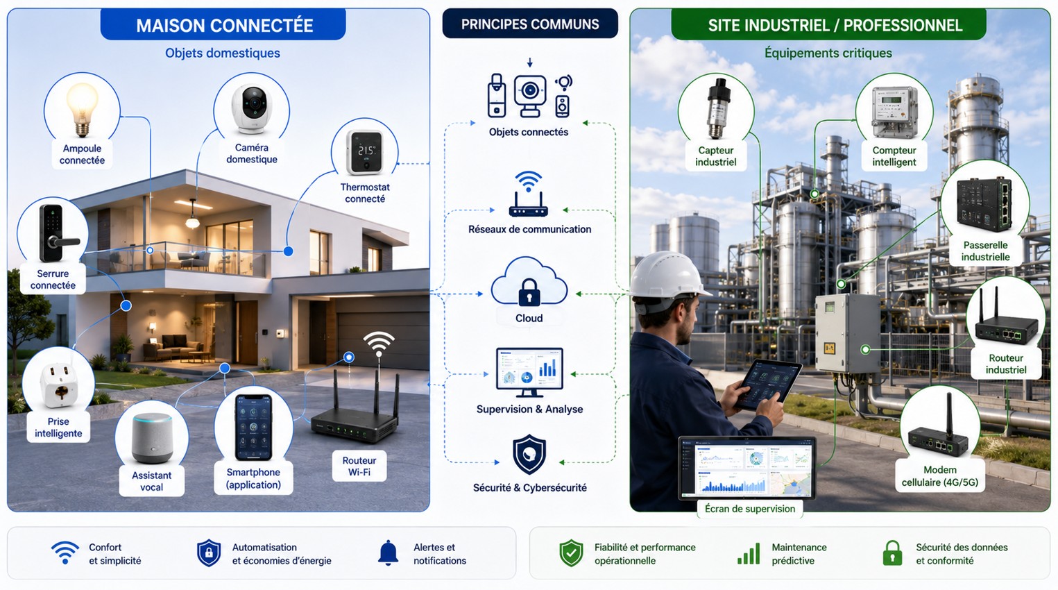 Comparaison entre une maison connectée (ampoule, caméra, thermostat, serrure, prise, assistant vocal, smartphone, routeur Wi-Fi) et un site industriel (capteur industriel, compteur intelligent, passerelle, routeur industriel, modem cellulaire, supervision), reliés par des principes communs : objets connectés, réseaux, cloud, supervision et cybersécurité.